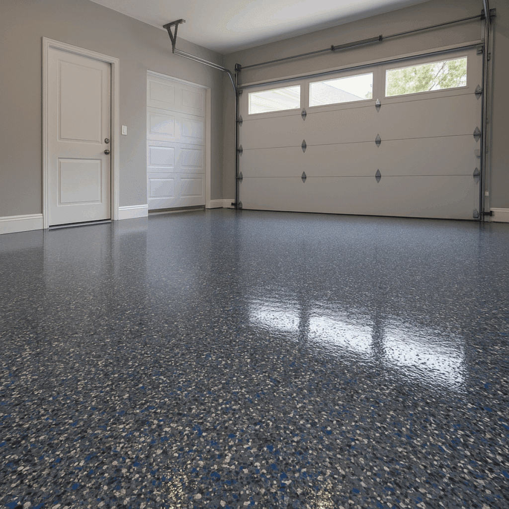 Epoxy Flake Garage Floor Blue and Yellow
