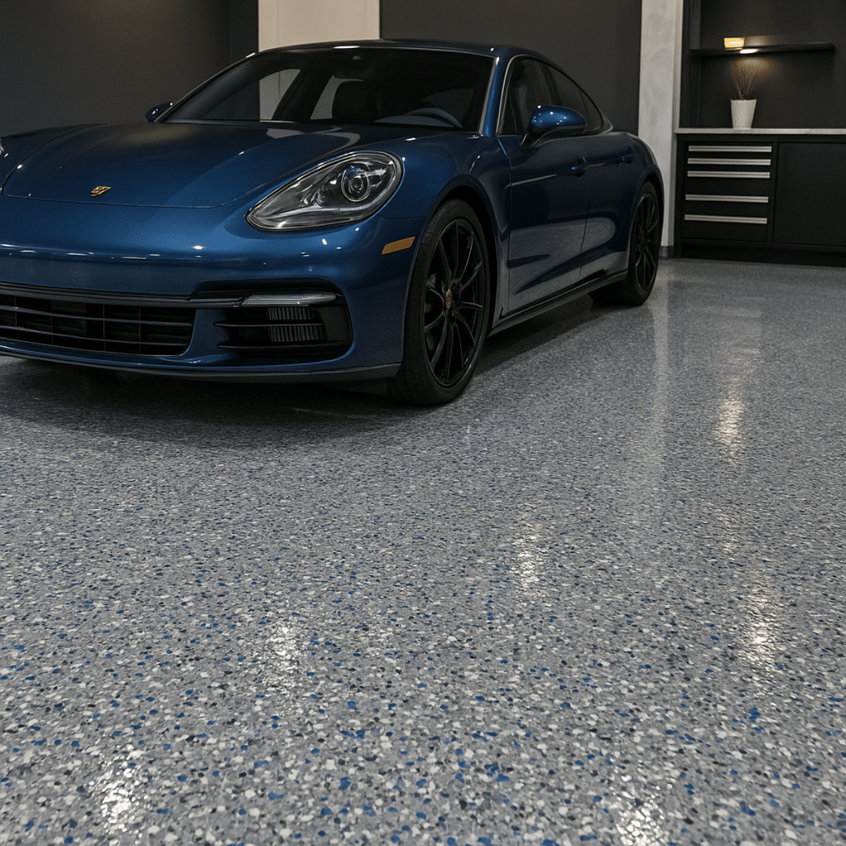 Epoxy Flake Foor Commercial Showroom Grey and black Flake