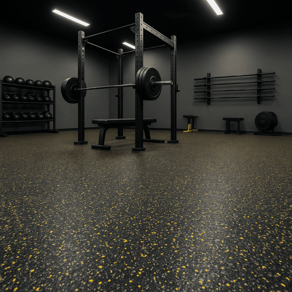 Epoxy Flake Gym Floor Black Yellow and Grey Home