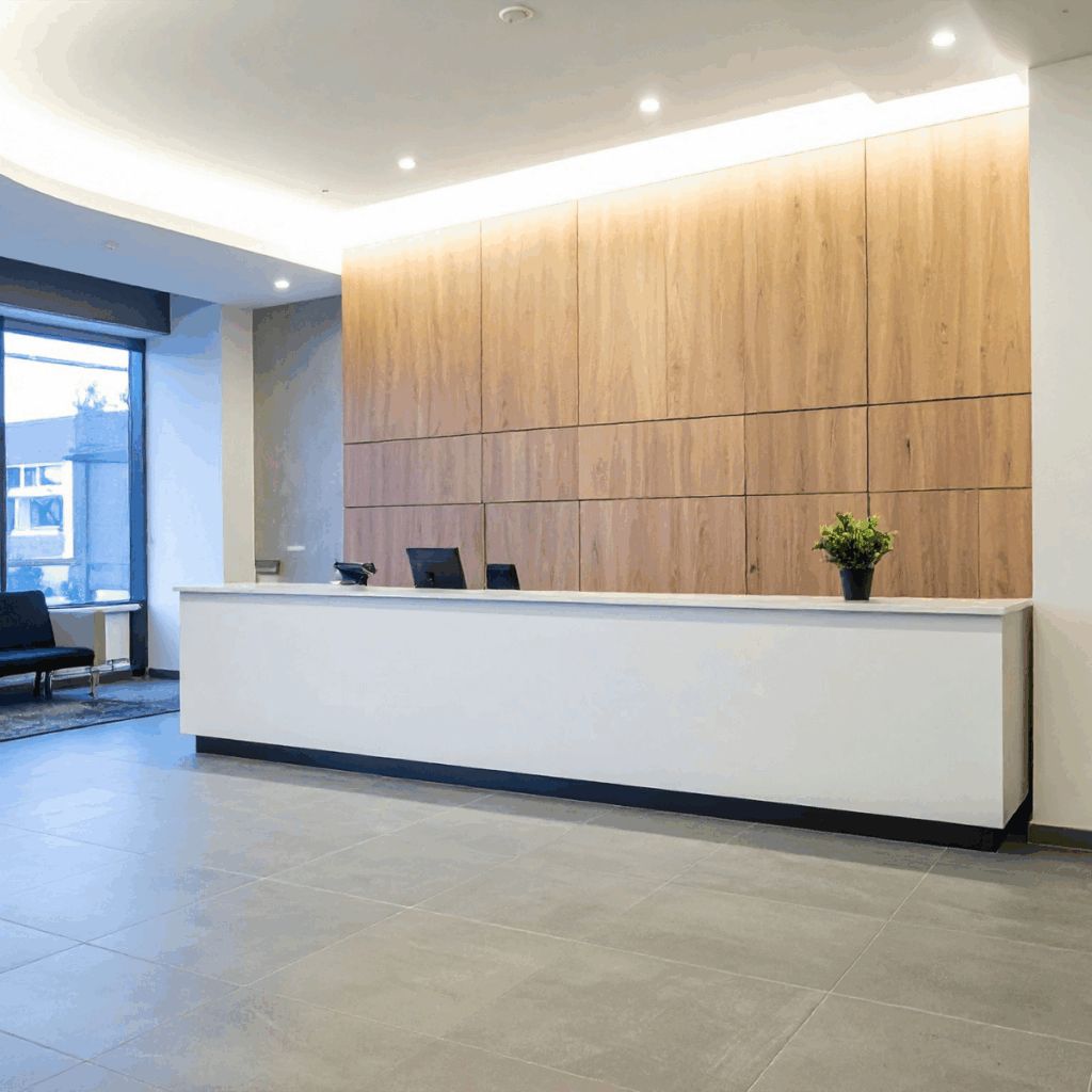 After Office reception Makeover Vinyl Wrap Counter and wall Panel Renewit UK Wrap