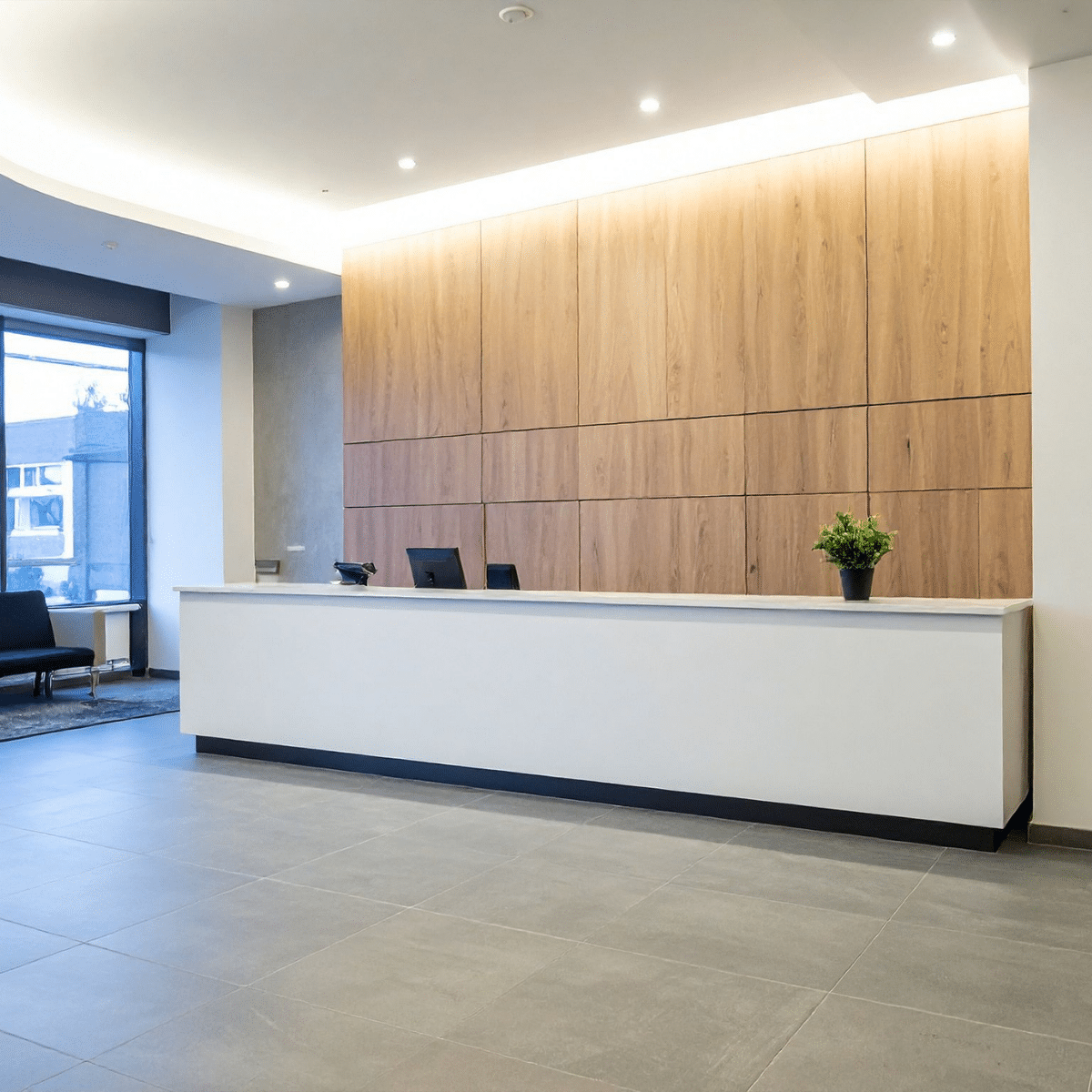 After Office reception Makeover Vinyl Wrap Counter and wall Panel Renewit UK Wrap