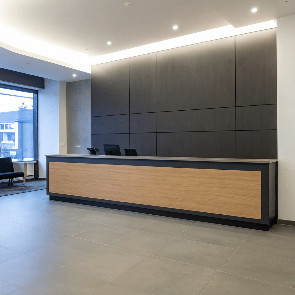 Before Office reception Makeover Vinyl Wrap Counter and wall Panel Renewit UK Wrap