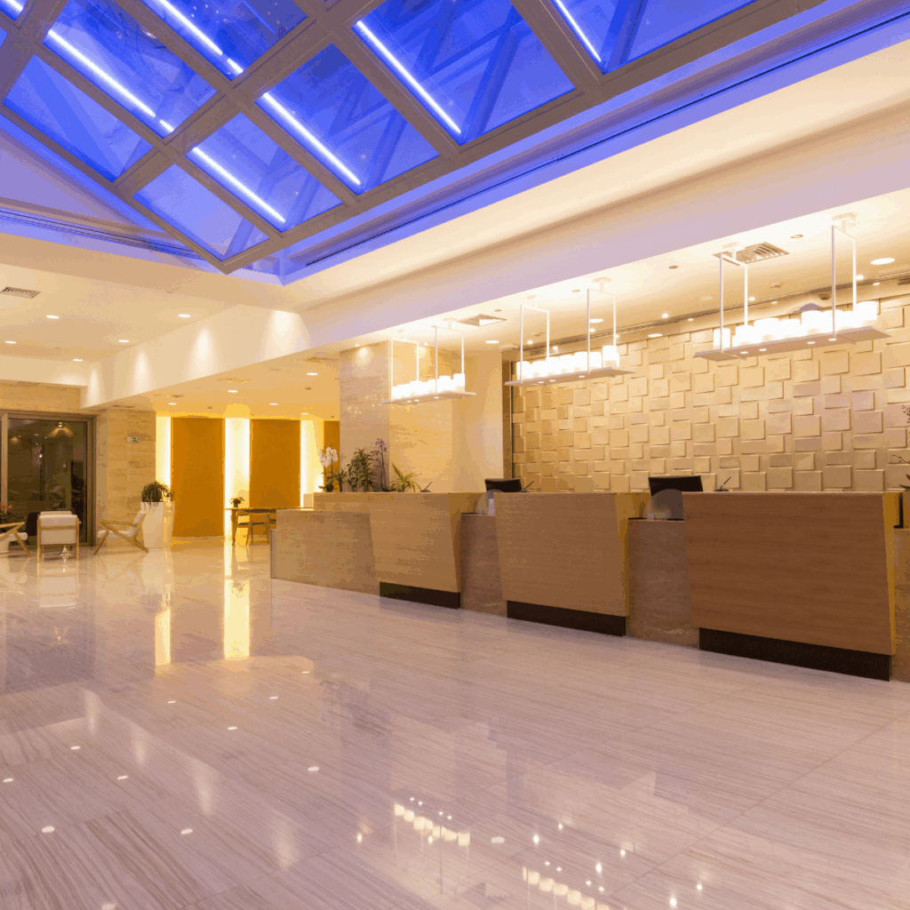 Modern hotel reception desk wrapped in durable vinyl for a refreshed look Renewit Wrap UK